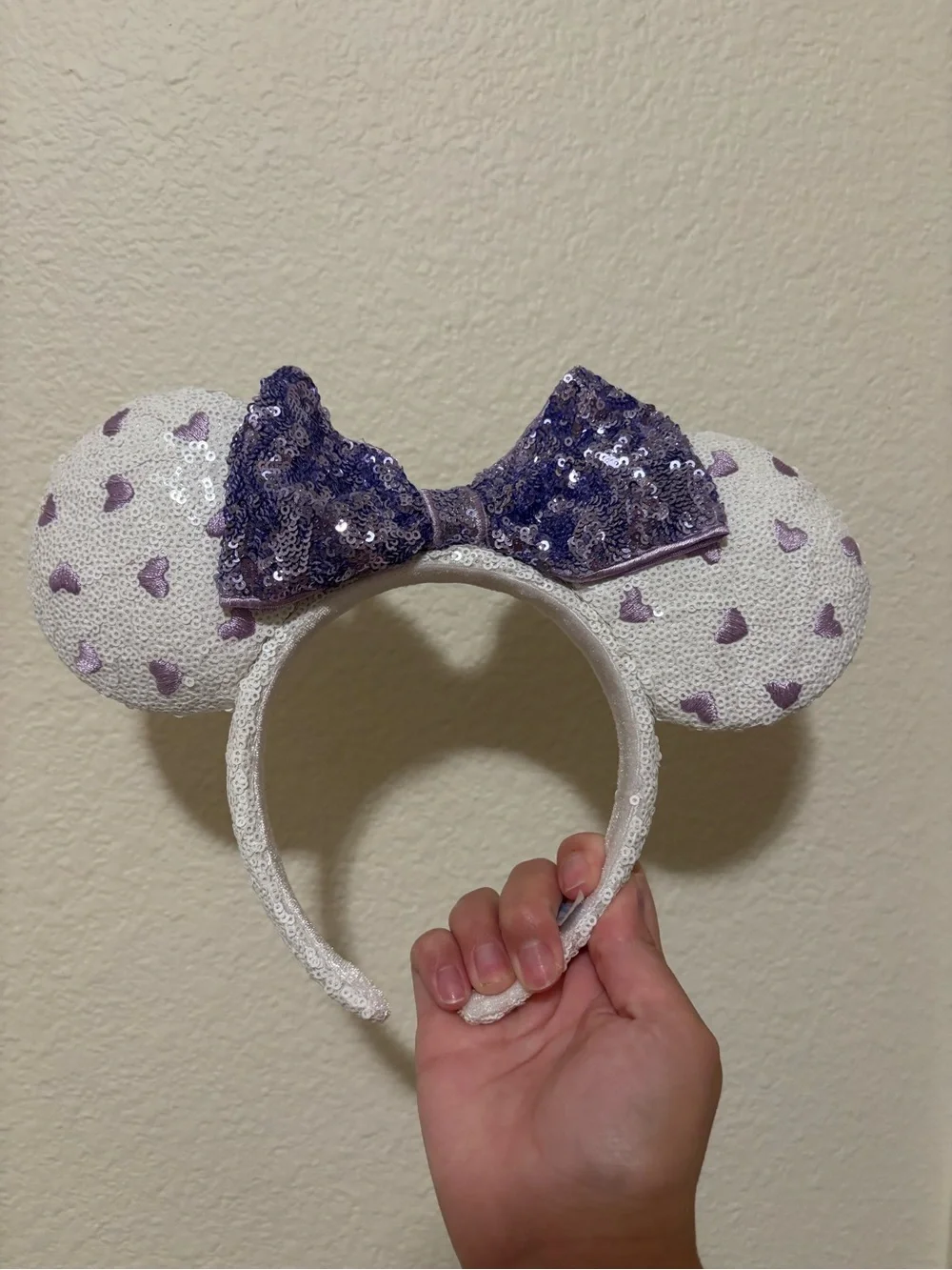 Sequin Heart Minnie Ear Headband in White and Purple